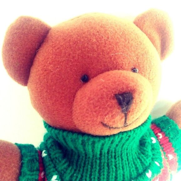 VINTAGE Soft Dreams Merry Christmas Bear 9" Baby Rattle Brown Sweater Red Green - Picture 5 of 8